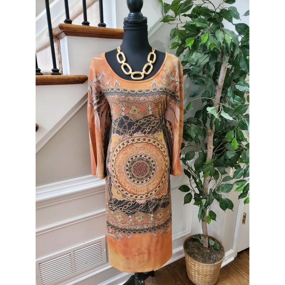 Fresh of LA Women's Orange Polyester Round Neck Long Sleeve Midi Length Dress